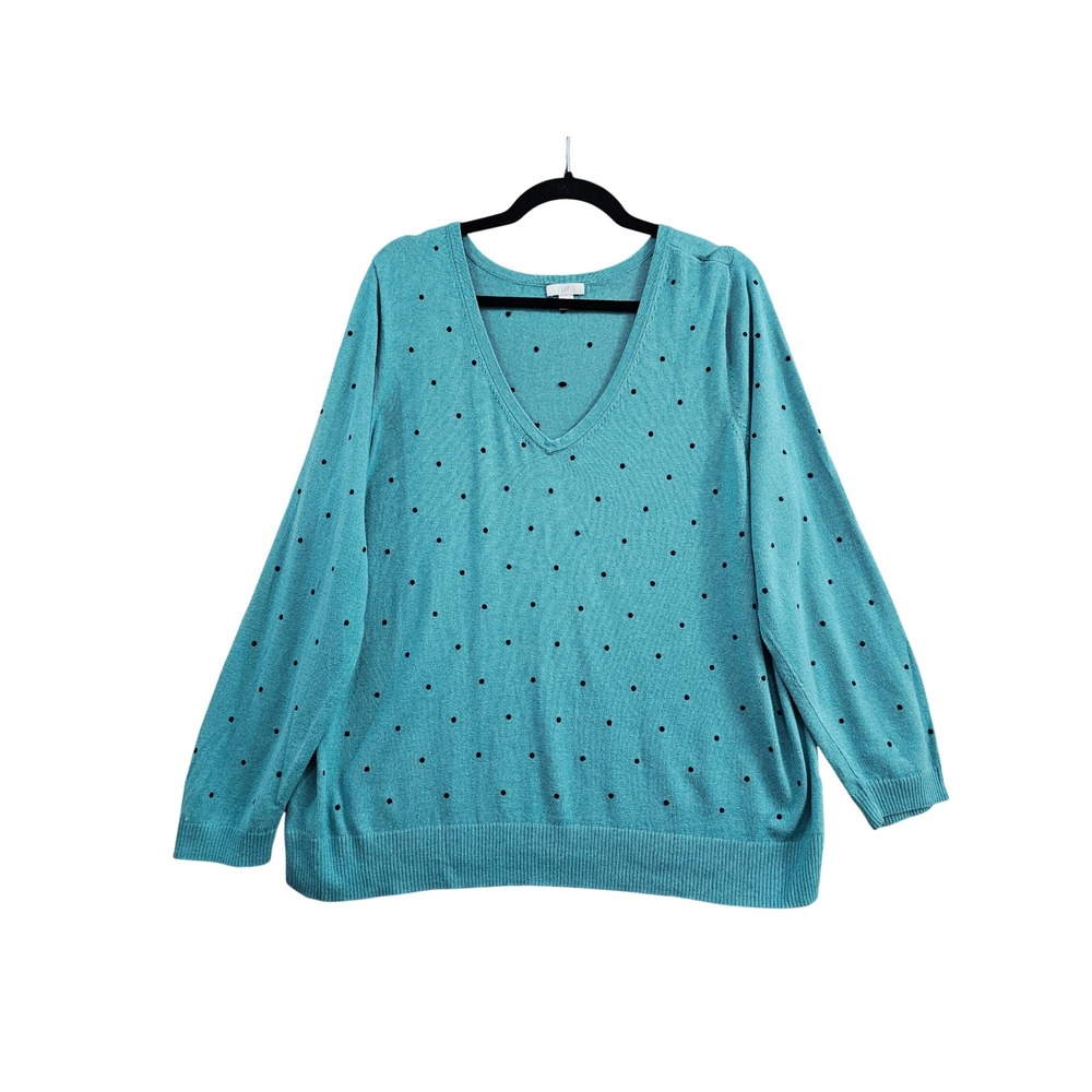 J. Jill Polka Dot Sweater Womens XL Teal Blue V-Neck Cotton Blend Knit Pullover